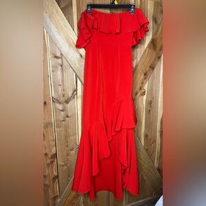Likely Women’s 4  High-Low off shoulder Gown in Scarlet Red